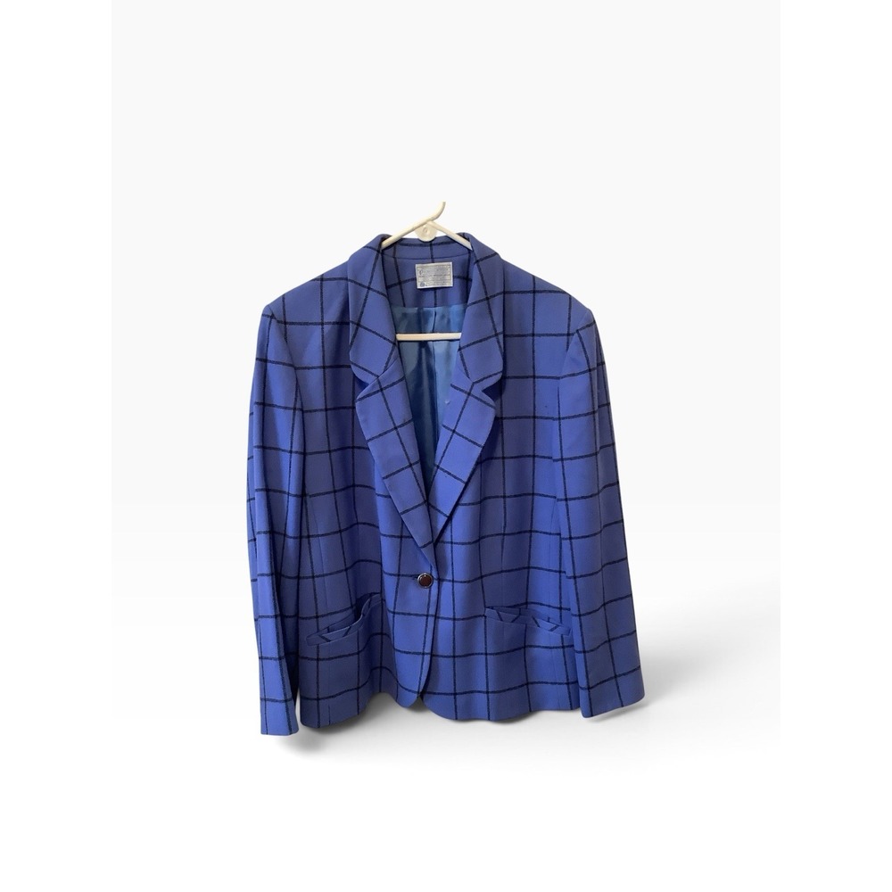 Vintage Pendleton 100% Virgin Wool Plaid Blazer Blue Black USA Womens"